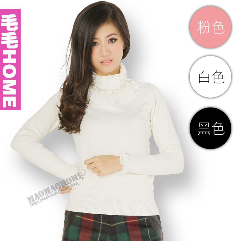 Autumn and winter women turtleneck pearl lace decoration basic shirt pullover knitted sweater yarn shirt 883