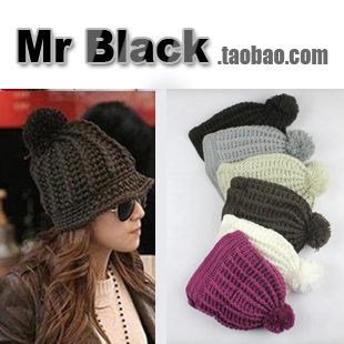Autumn and winter wool ball knitting wool hat knitted cap 6 black and white purple green
