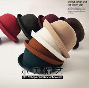 Autumn and winter wool cashmere cute small fedoras roll up hem vintage woolen dome small round female style hat