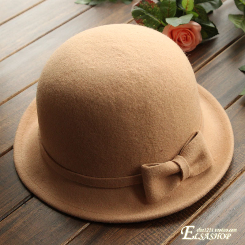 Autumn and winter woolen hat bucket hats roll up hem women's big bow