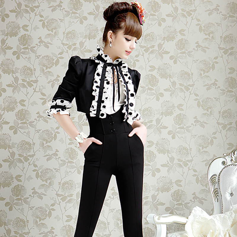 Autumn black juxtaposition polka dot ruffle elegant women's short jacket