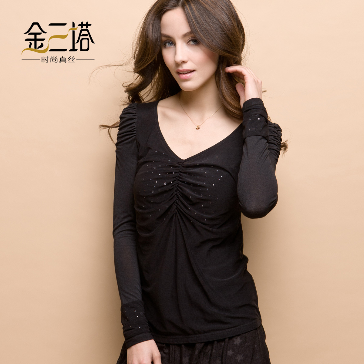 Autumn blending women's basic shirt black gauze V-neck rhinestones long-sleeve basic shirt