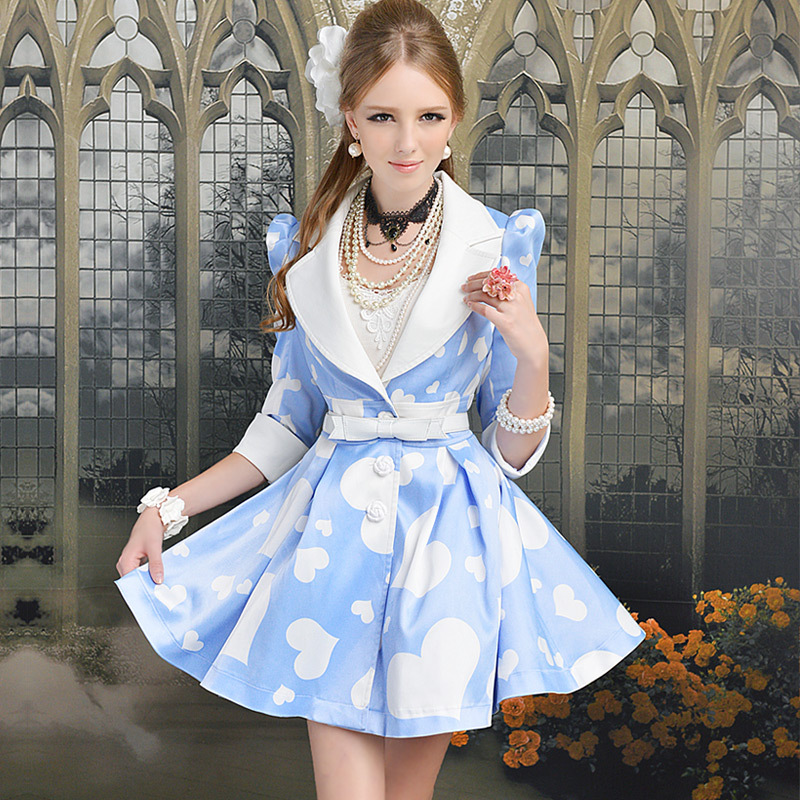 Autumn blue white love satin slim waist expansion bottom half sleeve trench