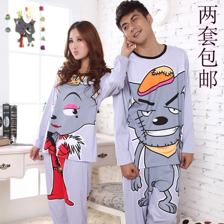 Autumn cartoon male female red wolf 100% cotton sleepwear casual lovers long-sleeve lounge set