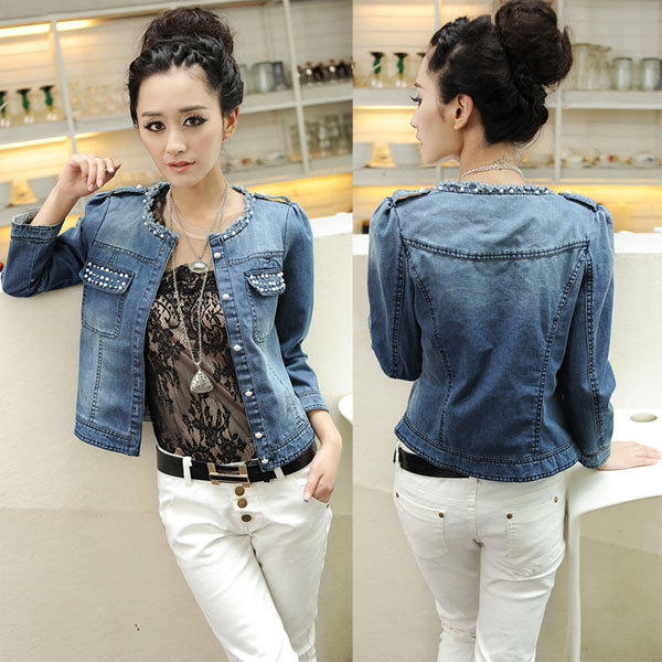 Autumn casual beading denim coat female o-neck three quarter sleeve denim blue short jacket single breasted