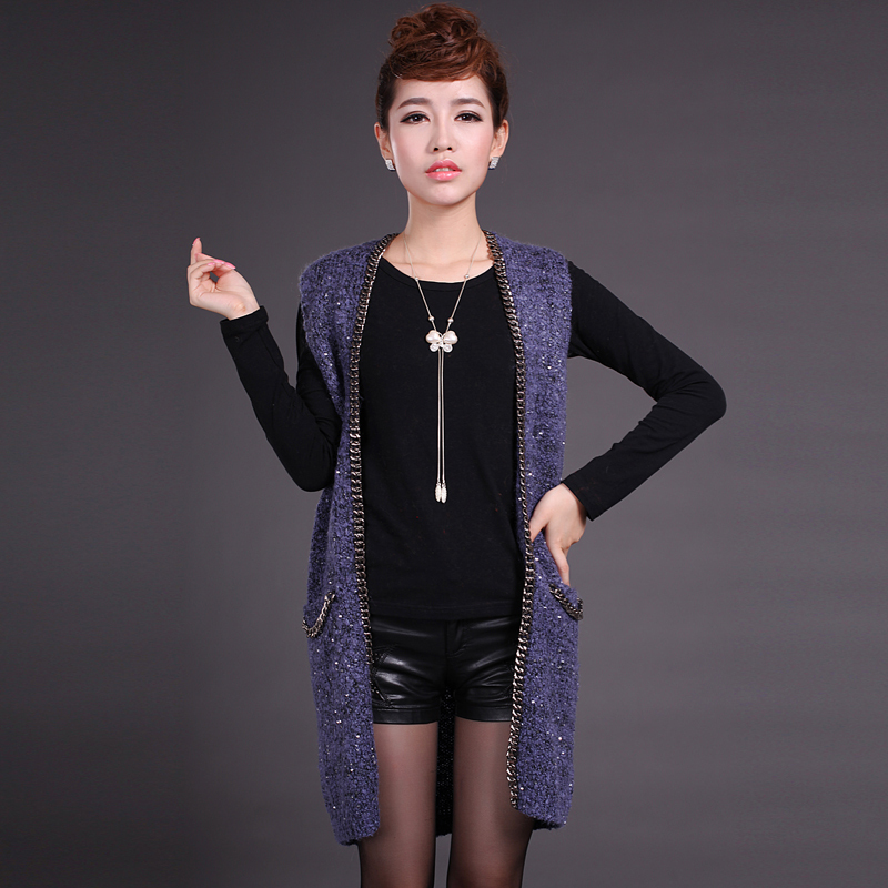 Autumn chain paillette decoration belt pocket sleeve length wool knitted outerwear 800m8002