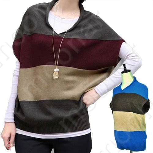 Autumn Chic Women Wide Stripes Batwing Sleeve Knit Vest Coat Sweater Top Blouse E0085