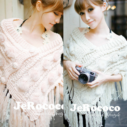 Autumn coarse knitting tassel cloak sweater knitted cape cloak outerwear rabbit fur ball trigonometric sweater,Shawl/scarf