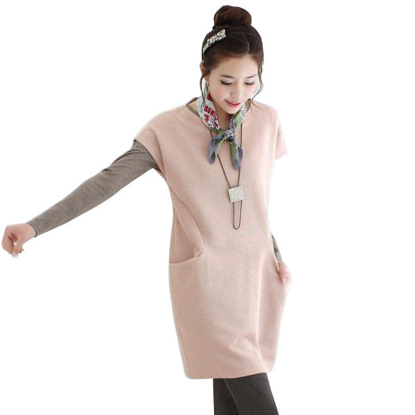 Autumn double pocket o-neck pullover long design sweater one-piece dress