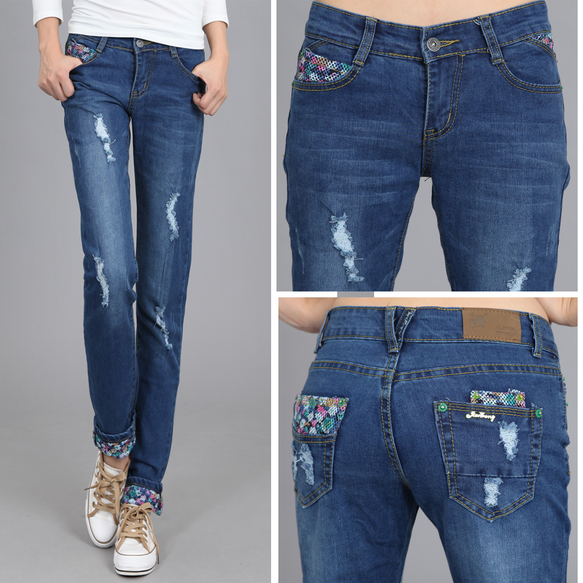 Autumn elastic hole jeans female laciness pencil pants trousers