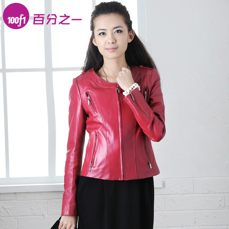 Autumn fashion 100f1 women's slim motorcycle zipper stand collar leather clothing female