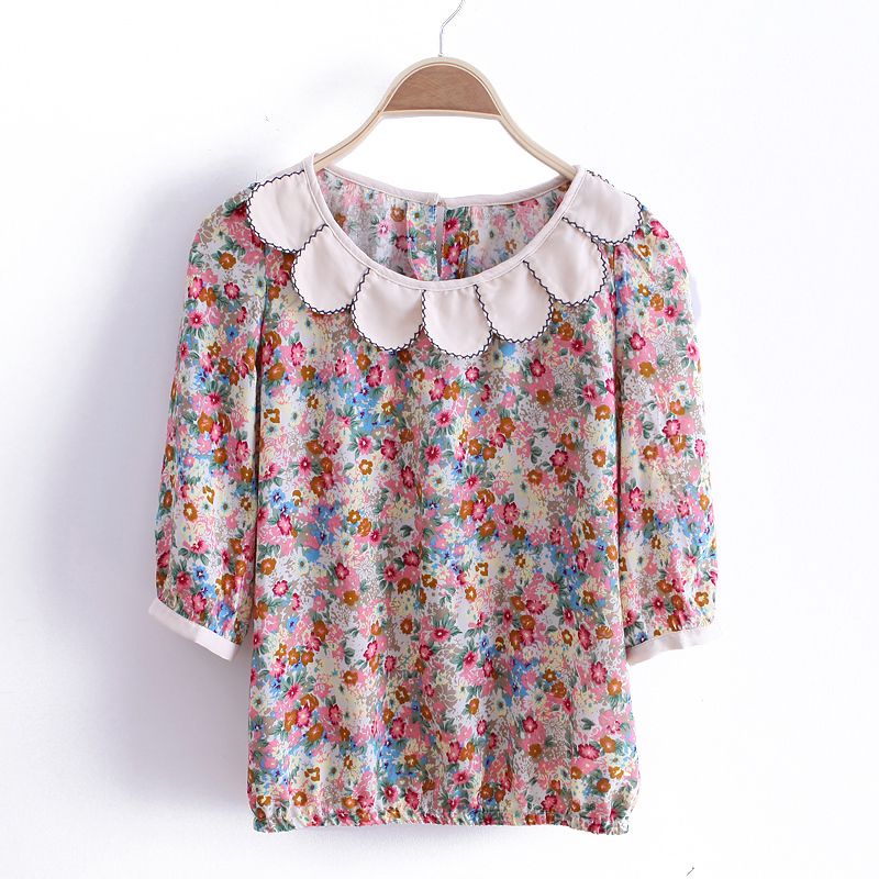 Autumn fashion fresh print petal collar fifth sleeve shirt wc1287