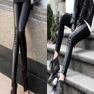 Autumn fashion leather after cotton patchwork legging matte faux leather slim ankle length trousers female black