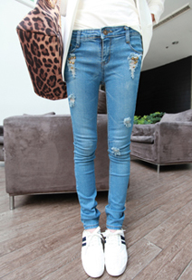Autumn fashion personality all-match distrressed rivet solid color denim pencil pants hole jeans female