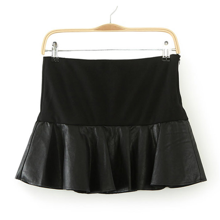 Autumn fashion popular zar patchwork PU faux leather short skirt bust skirt high waist black ruffle