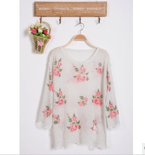 autumn fashion vintage rose translucent long-sleeve loose medium-long hole sweater