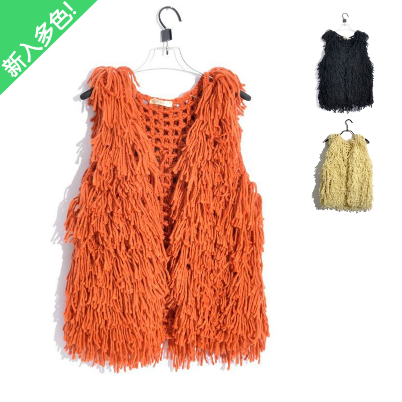 Autumn fashion women's mesh knitted yarn tassel cutout knitted sweater vest vest