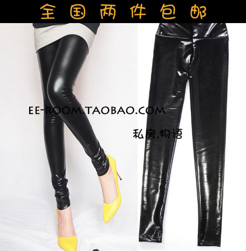 Autumn faux leather legging fashion shiny black high waist tight fitting faux leather pants leather pants female