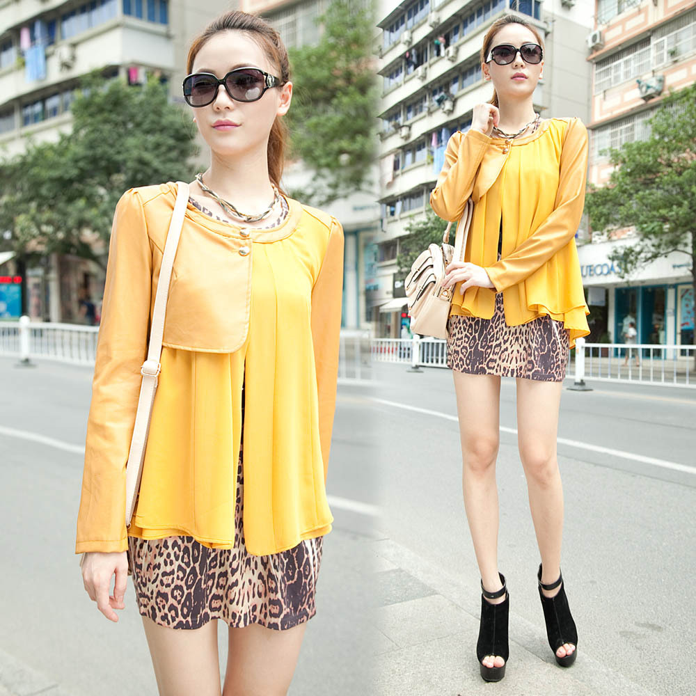 Autumn faux two piece thin outerwear PU chiffon mosaic buckle casual loose women's leather clothing