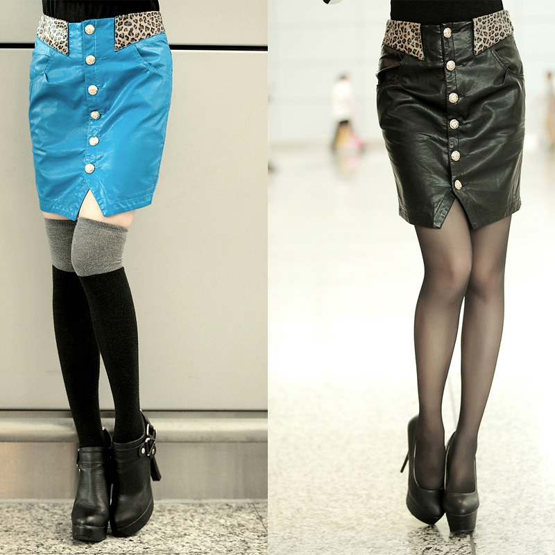 Autumn female bust skirt metal buckle decoration short skirt sexy slim hip PU leather skirt black water wash