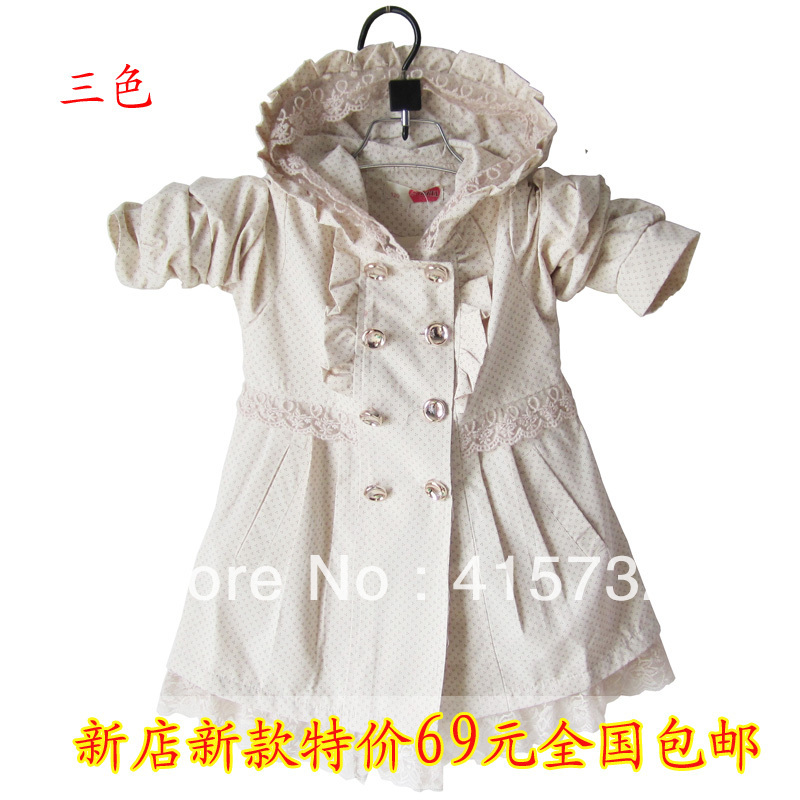 Autumn female child outerwear double breasted lace skirt medium-long trench