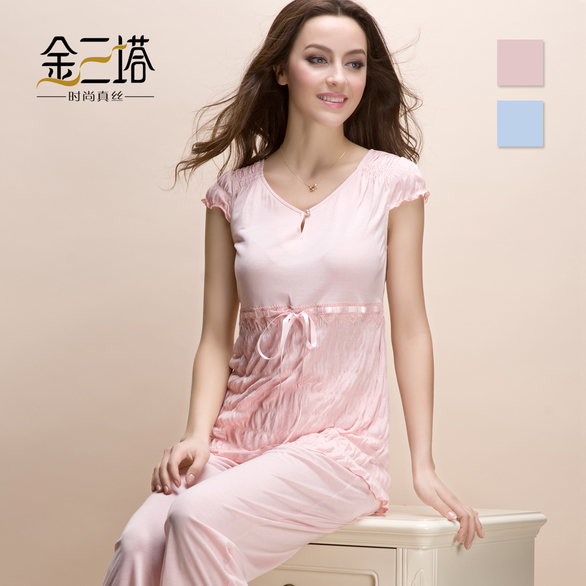 Autumn female silk sleep set sweet of oilfilled lounge casual short-sleeve shirt set