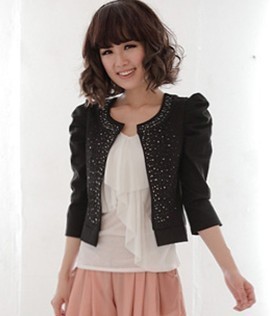 Autumn gentlewomen rhinestone pasted puff sleeve blazer short jacket k8213