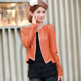 autumn high quality PU lace puff sleeve women's short jacket leather clothing
