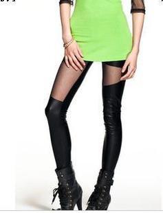 Autumn hot-selling fashion personality gauze irregular patchwork faux leather sexy legging ankle length trousers