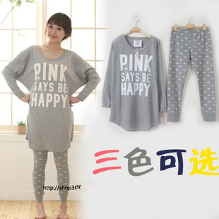Autumn knitted 100% cotton 100% cotton pink loose spring long sleeve length pants lounge twinset sleep set