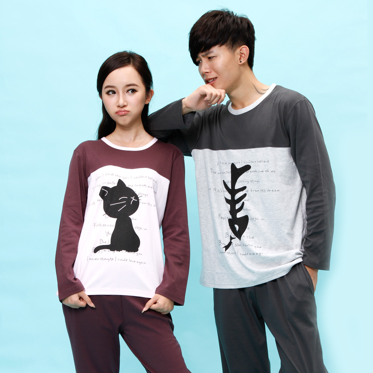 Autumn ! knitted cotton long-sleeve lovers sleep set lovers lounge cat fish
