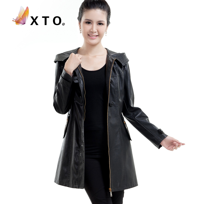 Autumn leather clothing female with a hood medium-long leather trench sheepskin outerwear plus size free shipping dropshipping