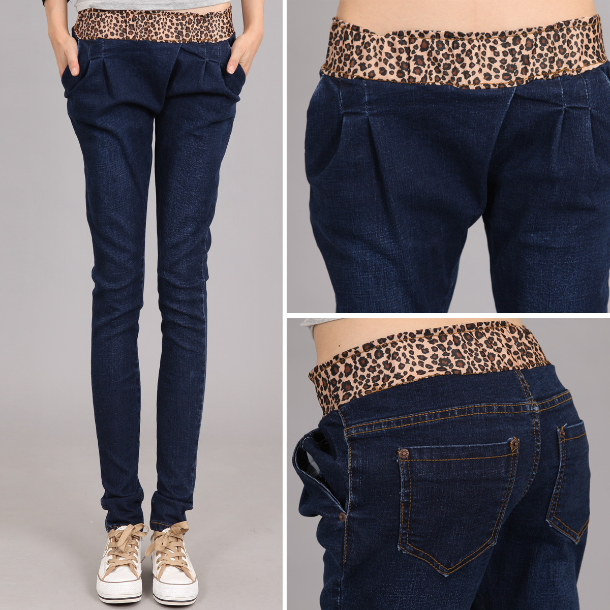 Autumn leopard print elastic strap jeans female mid waist skinny pants harem pants thin pants