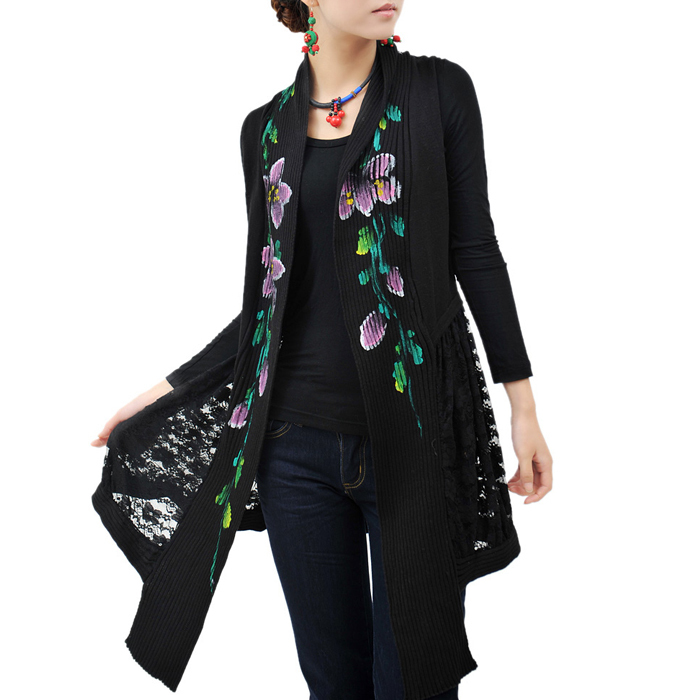 Autumn long design women's knitted slim national trend lace cardigan