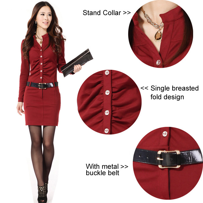 Autumn Long Sleeve Dresses Women Korean fashion Slim Mini OL Dress Skirt for Ladies with Belt 4 Colors Free Shipping