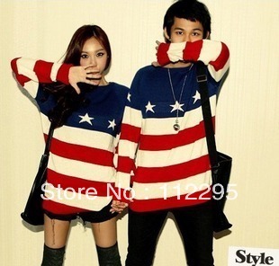 Autumn Long Sleeve Fashion Star Striped Cotton Knitted Pullover Sweaters For Couples five-pointed star flag red Free Shipping