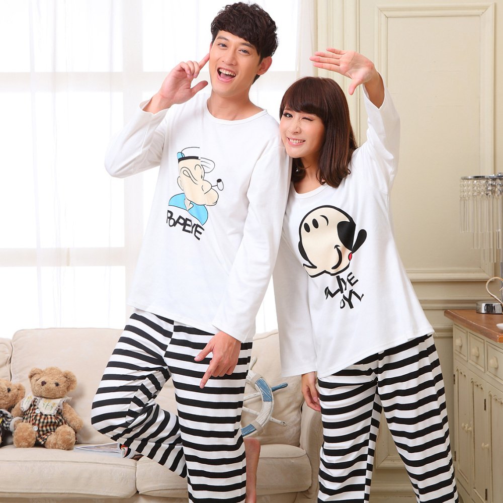 Autumn long-sleeve lovers sleepwear cartoon POPEYE male Women pure cotton long-sleeve sleep set lounge