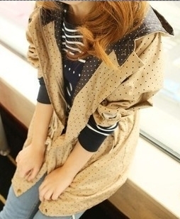 Autumn loose long-sleeve thin polka dot zipper with a hood drawstring trench coat windbreaker