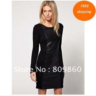 Autumn main!2012 A*O* new Style Vintage Ladies' Leather Spell skin dress free shipping