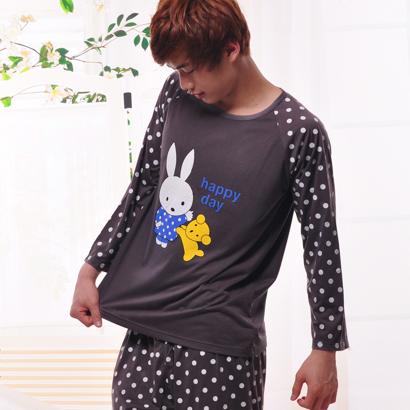 Autumn male casual sleepwear knitted cotton long-sleeve lounge set