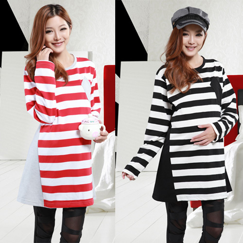 Autumn maternity clothing maternity top maternity t-shirt long-sleeve stripe patchwork long design t-shirt