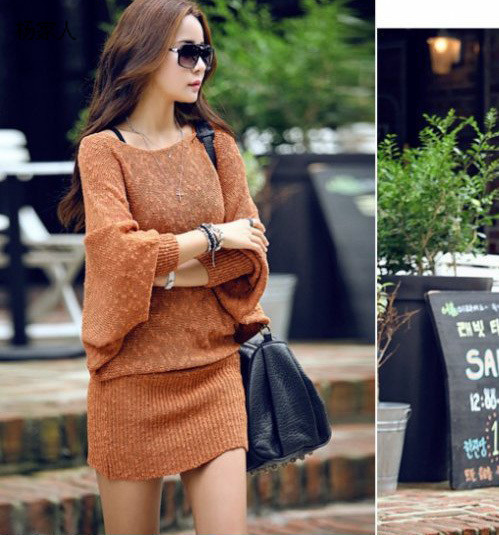 Autumn medium-long long batwing shirt long-sleeve pullover slim hip one-piece dress knit dress female batwing sleeve