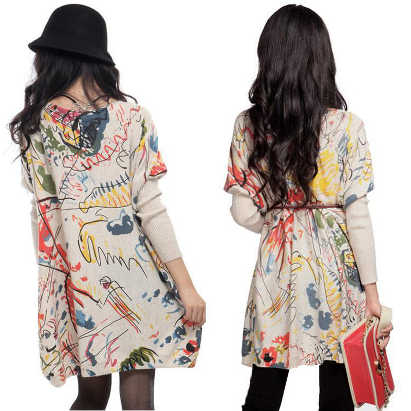 Autumn medium-long loose plus size pullover wool print sweater doodle batwing shirt Free Shipping