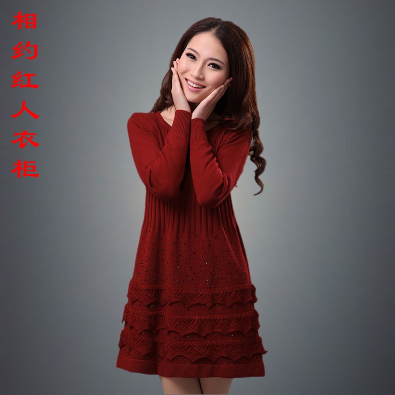Autumn medium-long slim knitted sweater female o-neck ruffle lace one-piece dress