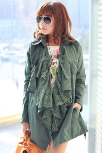 Autumn medium-long trench fashion green lace trench casual outerwear