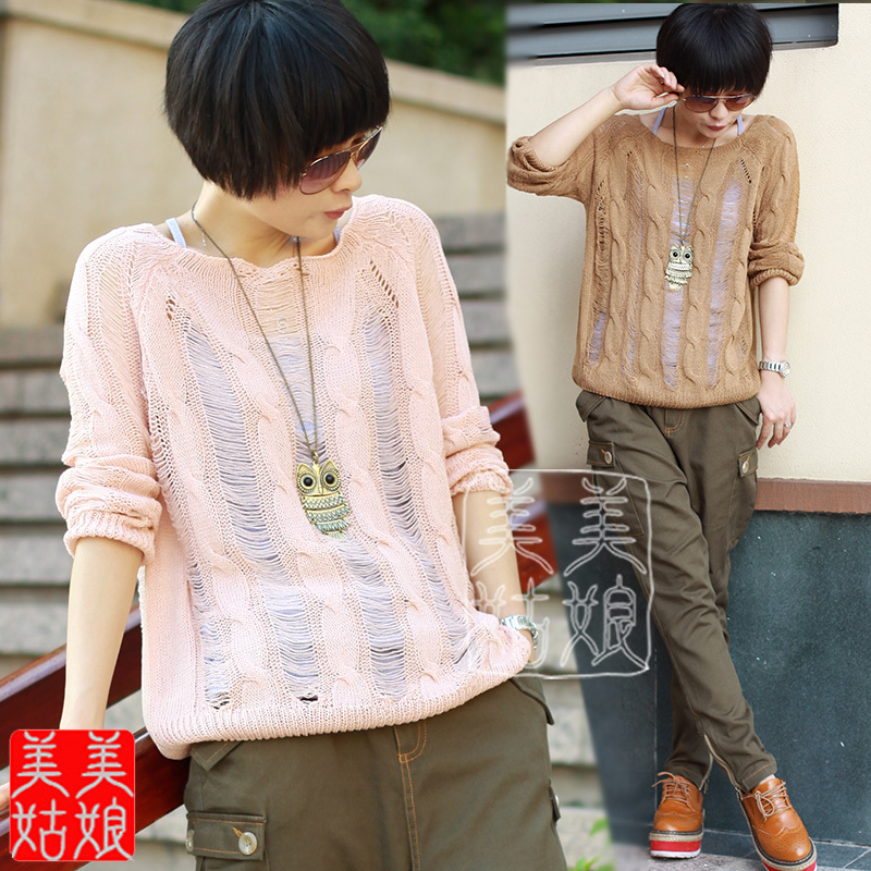Autumn new arrival 2011 slit neckline loose outerwear air conditioning shirt cutout sweater plus size clothing