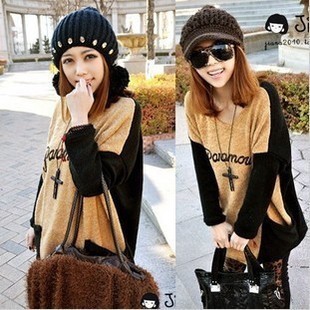 Autumn new arrival 2012 autumn women's patchwork batwing sleeve plus size loose o-neck pullover sweater outerwear