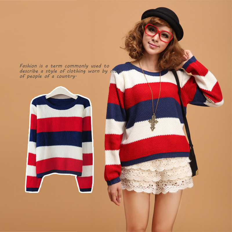 Autumn new arrival 2012 long-sleeve stripe color block decoration loose sweater pullover basic sweater outerwear women's