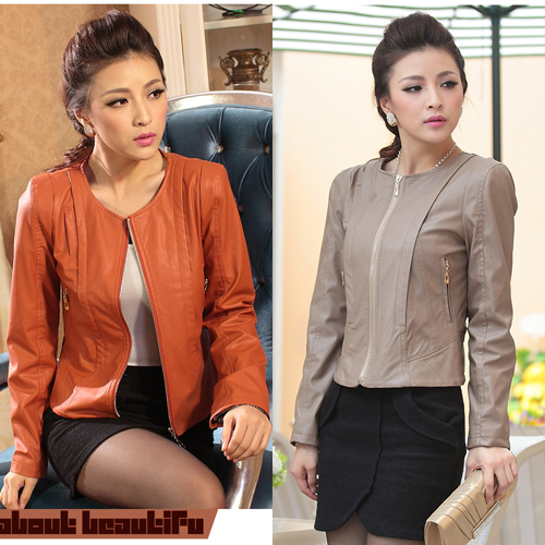 Autumn new arrival 2012 outerwear fashion motorcycle PU jacket short design slim water wash o-neck women's plus size leather