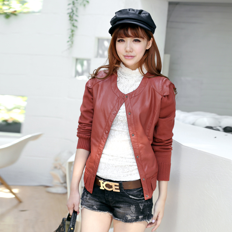 Autumn new arrival 2012 outerwear women's PU jacket design o-neck short slim leather clothing